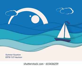 Summer travel concept vector background. Design elements. Wavy seascape with blue sky and sailboat. Eps10