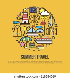 Summer travel conceptual banner. Collection of logo symbolizing rest