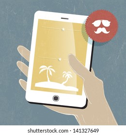 Summer travel conceptual illustration. Smart phone in hand. Vector Summer travel conceptual illustration. Smart phone in hand. Vector