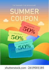 Summer travel coupons flying from a transparent folder, isolated on background with colorful hill. Summer gift voucher with coupon code in 3d vector