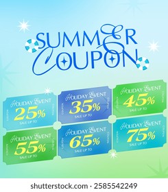 Summer travel coupons set icon with barcode, percent price off, isolated on background. Pack of summer gift voucher. Coupon book in vector illustration