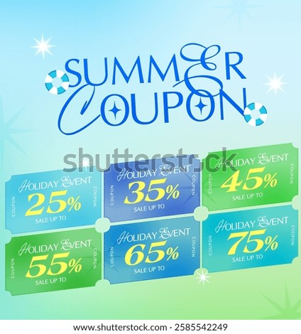 Summer travel coupons set icon with barcode, percent price off, isolated on background. Pack of summer gift voucher. Coupon book in vector illustration