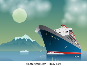 Summer travel cruise ship. Sea landscape. Vintage art deco poster illustration. Seaway line connection transport. Illustration of vacation and cruise. 