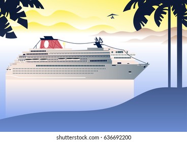 Summer travel cruise ship. Vintage art deco poster illustration.