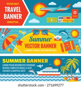 Summer travel - decorative horizontal banners set in flat style. Vector backgrounds. Icons collection. Creative layout. Design elements. 