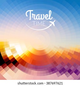 Summer travel Design. Blurred pixelate sea beach background. Travel time. Typography.