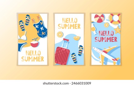 Summer travel destination. Hello summer set of templates for banners, posters, cards. Vector illustration