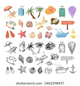 Summer travel destinations. Cute hand drawn set of travel icons. Tourism and camping adventure icons. Сlipart with travelling elements, bags, transport, map, palm, seashells.