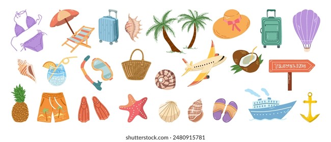 Summer travel destinations. Cute set of travel icons in flat style. Tourism and camping adventure icons. Сlipart with travelling elements, bags, transport, map, palm, seashells.