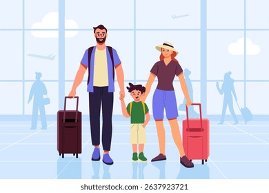Summer travel destinations. Happy family traveling together at the airport.  Parents and child holding hands with luggage, ready for vacation. Vector illustration tourists in an airport terminal.