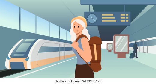 Summer Travel Destinations. Woman in Hat Standing with Backpack at Train Station. Vector Illustration.