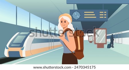 Summer Travel Destinations. Woman in Hat Standing with Backpack at Train Station. Vector Illustration.