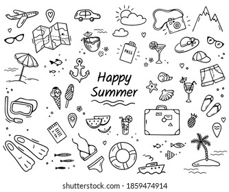 Summer Travel Doodle Icons. Hand drawn sea vacation symbols doodle set. Beach and travel elements: suitcase, umbrella, swimsuit, cocktail, anchor, palm tree etc. Black isolated on a white. Vector.