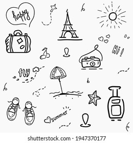 Summer travel doodle sketch art. Hand drawn vector set of tourism and travel doodles.