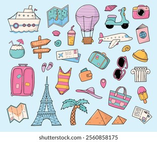 Summer travel doodles collection for stickers, clipart, planners, cards, social media decor, etc. Tourism theme. EPS 10