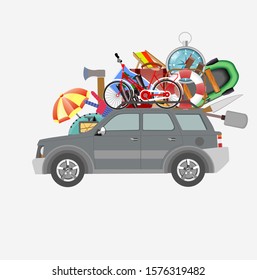 Summer travel, eco tourism, outland tourism illustration with car.