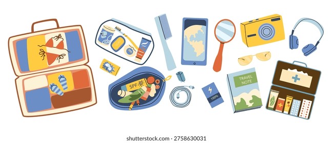 Summer Travel essential kit. Trip items, hygiene, cosmetic holders. Open Luggage, open first aid kit and other trip elements. Travel vacation essentials in cartoon flat style.