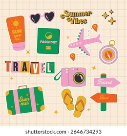 Summer Travel Essentials Sticker Set, Colorful Vacation and Holiday Icons Collection, Fun Summer Vibes Travel Elements - Flat Design