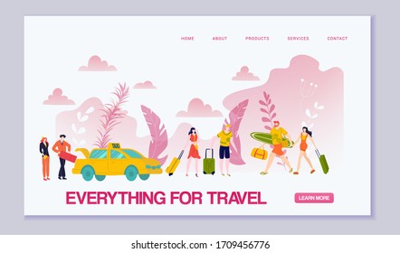 Summer travel essentials, vacations things, tourism website template with people travelling, luggage and active sport equipment flat vector illustration. Travellers suitcases, adventure objects.