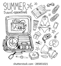 Summer Travel Essentials. Vector Illustration Of Holiday Vacation Woman Luggage.  Vector Hand-drown Objects Illustrations. Black And White.