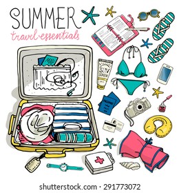 Summer travel essentials. Vector illustration of holiday vacation woman luggage. Vector hand-drown objects sketch. Black and white.