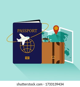 Summer travel and explore the world background flat design style decorative with luggage, world map, passport isolated on light green background, vector illustration