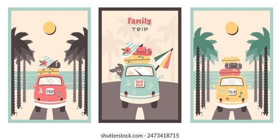Summer travel. Family road trip by car. Summer time. Summer poster set. Family traveling with suitcases, dog, beach umbrella, sunhat rides to sea. Family car goes to beach. Vector illustration