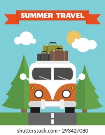 Summer Travel Flat background with bus .Vector illustration
