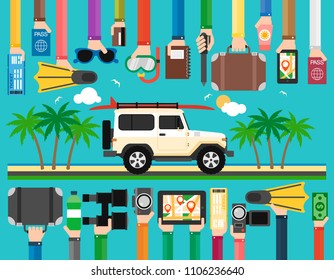 Summer travel flat design with SUV and surfboard.Vector illustrarion