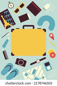 Sommer Reise flache Vektorgrafik mit Kopienraum. Reiseausrüstung und Reiseartikel wie Koffer, Reiseführer, Karte, Sonnenbrillen, Kamera, Kissen etc.