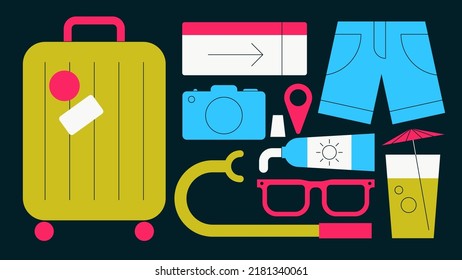 Summer travel flat vector illustration. Collection of travel equipment and different stuff for journey such as suitcase, palne ticket, shorts, sunglasses, photo camera, cocktail etc. Simple design.