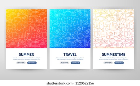 Summer Travel Flyer Concepts. Vector Illustration of Outline Web Banner Design.
