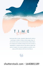 Summer travel flyer with silhouette of seagull and top view beach background. Vector illustration