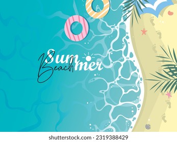 Summer travel flyers with beach items and wave. Top view. Vector illustration. Tropical beach poster. Vector illustration.