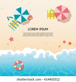 Summer travel flyers with beach items and wave. Top view. Vector illustration