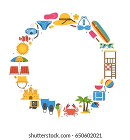 Summer travel frame with beach icons stylized in circle with space for text. Sea vacation or summer holidays background with sunbathing accessories and water sports and activity icons.