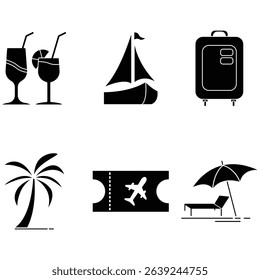 A summer travel glyph icon pack, featuring sunshine, a suitcase, palm trees, and waves symbolizing adventure, relaxation, and tropical destinations under the warm sun