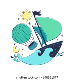Summer Travel. Hand drawn inscription with sun, sailfish, moon, balloon and sea. Vector template for card, poster, invitation, t-shirt and more.