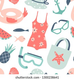 Summer travel hand drawn seamless pattern. Cute glasses, flamingo, watermelon, hat, pineapple, bag. Doodle sea vacation or holiday symbols. Beach elements texture