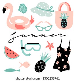 Summer travel hand drawn set. Cute glasses, flamingo, watermelon, hat, pineapple, bag. Doodle sea vacation or holiday symbols. Beach elements collection