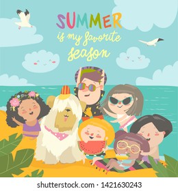 Summer travel. Happy kids traveling summer in exotic place and relax at sea