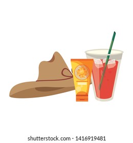 Summer and travel hat and juice cup with bronzer bottle cartoons vector illustration graphic design