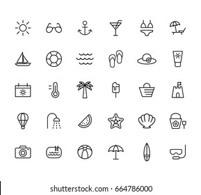 summer, travel, holiday and beach icons set on white background, thin line - Shutterstock ID 664786000