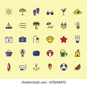 summer, travel, holiday and beach icons set on color background