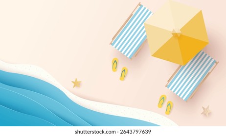 Summer, travel and holiday concept. Aerial view of sunbed, flip flops, sun bed, yellow umbrella on sandy beach. Summertime background. Top view. Vector illustration