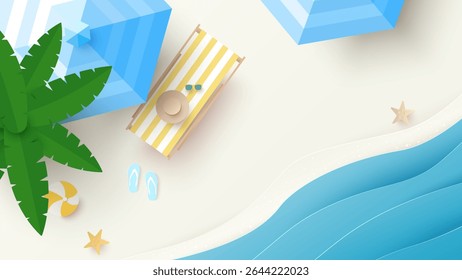 Summer, travel and holiday concept. Aerial view of sunbed, flip flops, beach ball, blue umbrella on sandy beach with copy space. Summertime background. Top view. Vector illustration