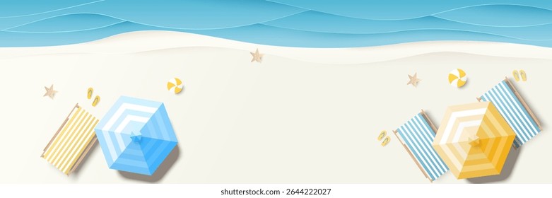Summer, travel and holiday concept. Aerial view of sunbed, flip flops, beach ball, yellow umbrella on sandy beach with copy space. Summertime background. Top view. Vector illustration