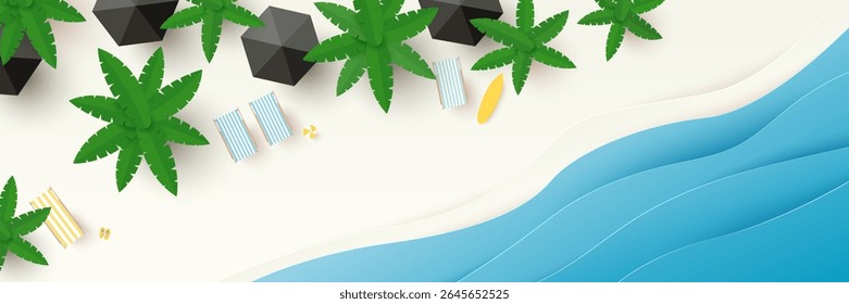 Summer, travel and holiday concept. Aerial view of sunbed, flip flops, beach ball, beach umbrella on sandy beach with copy space. Summertime background. Top view. Vector illustration