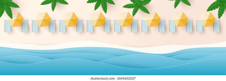 Summer, travel and holiday concept. Aerial view of sunbed, sun bed, yellow umbrella on sandy beach. Summertime background. Top view. Vector illustration