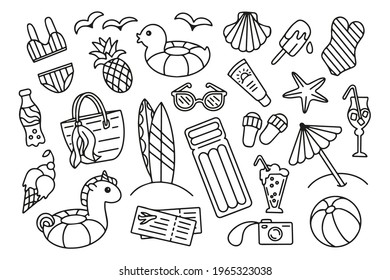 Summer travel, holiday and vacation doodle set isolated on white background. Hand drawn beach vector objects. For wrapping, package, poster, web design, fabric. Sunglasses, inflatable unicorn and duck